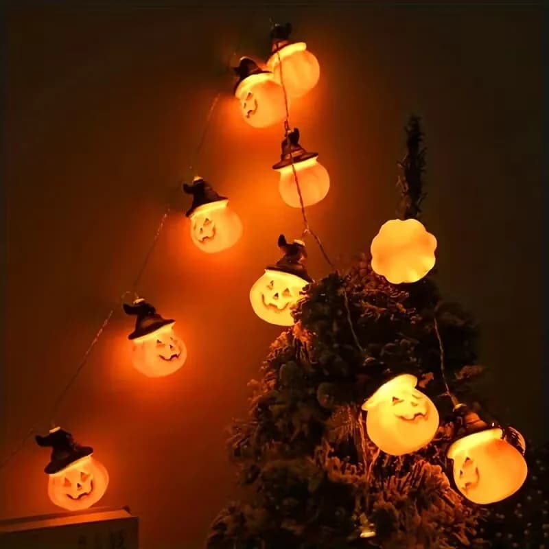 Luci a catena LED bianco caldo con cappello da strega e zucca