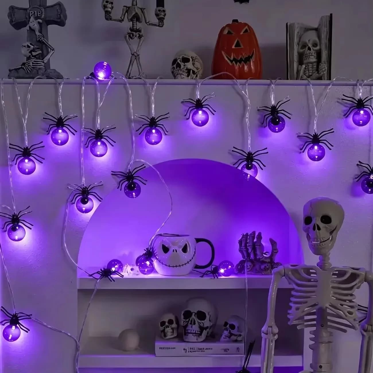 Lucine fatate LED a forma di ragno viola, a batteria