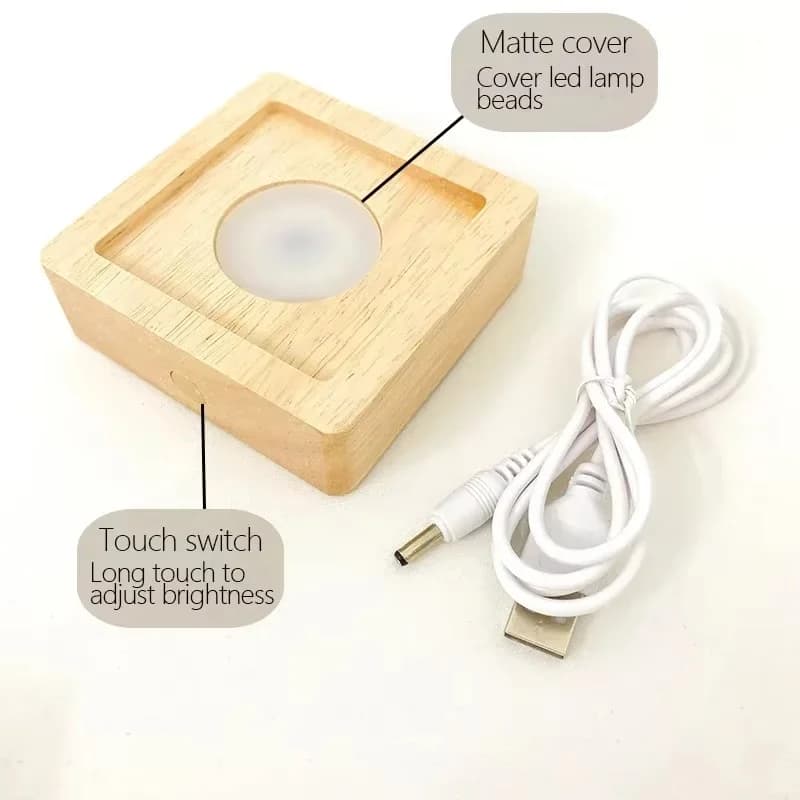 Base lampada LED in legno a forma quadrata, ricaricabile USB, per cristalli