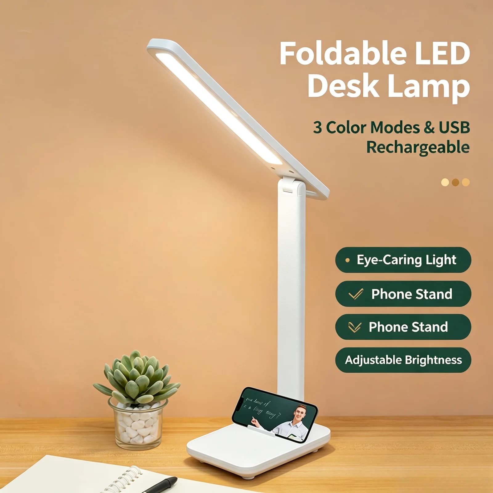 Lampada da scrivania LED pieghevole ricaricabile USB con supporto per telefono
