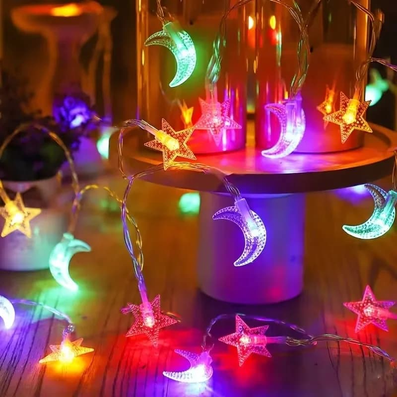 Luci Fatate a Batteria Forma Stella e Luna, Bianco Caldo