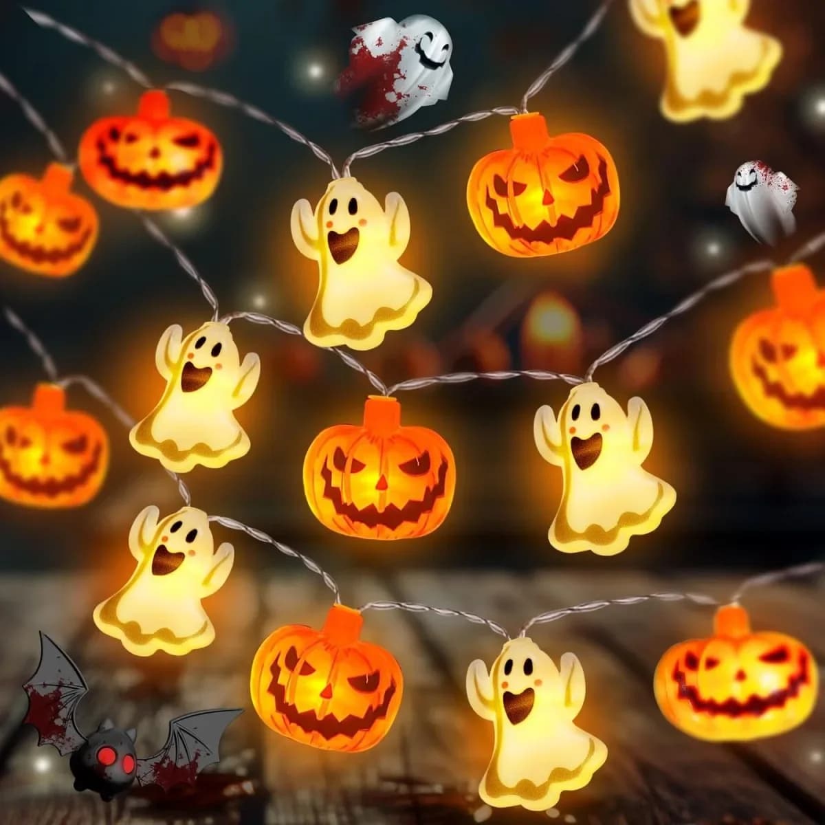 Luci LED a Catena Halloween Fantasmi e Zucche a Batteria