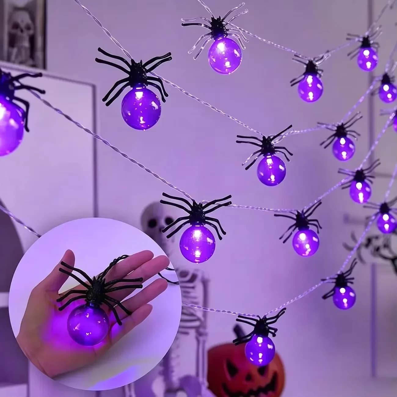 Lucine fatate LED a forma di ragno viola, a batteria