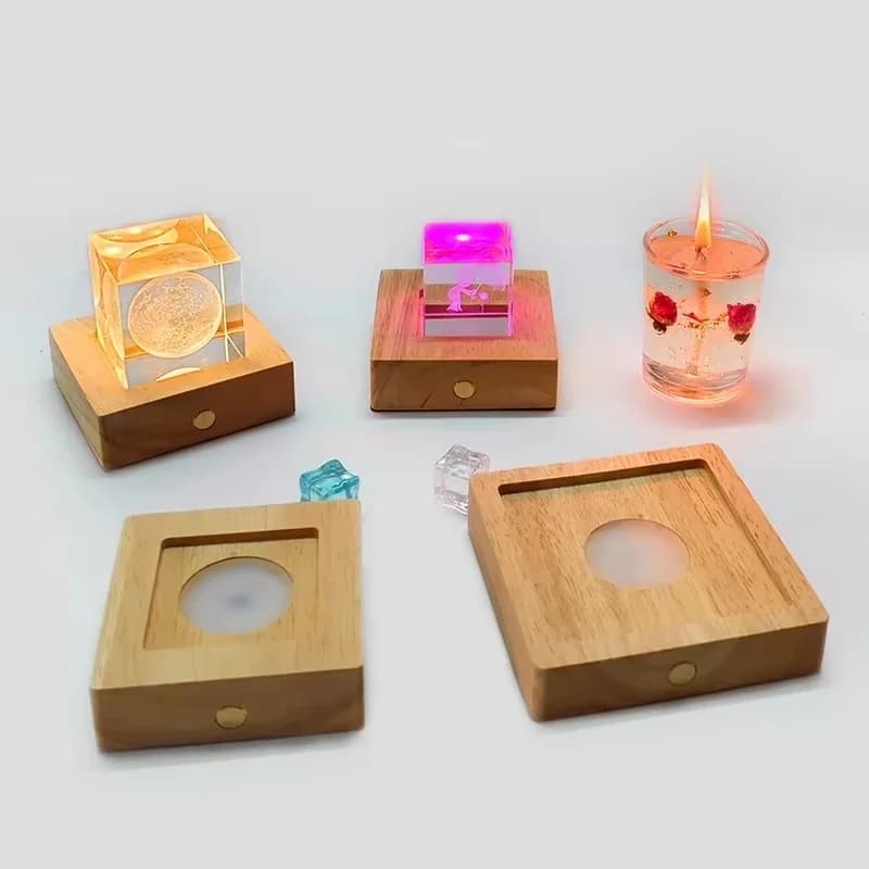 Base lampada LED in legno a forma quadrata, ricaricabile USB, per cristalli