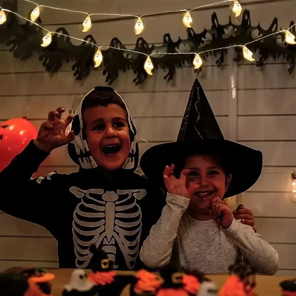 Luci a catena Halloween con facce sorridenti, Bianco caldo