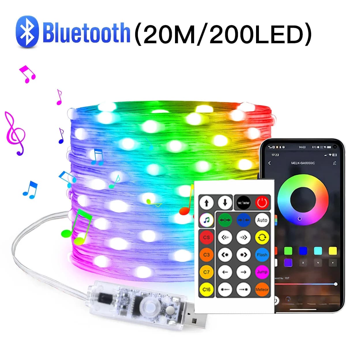 Luci a Catena LED RGBIC Bluetooth da 20M, USB