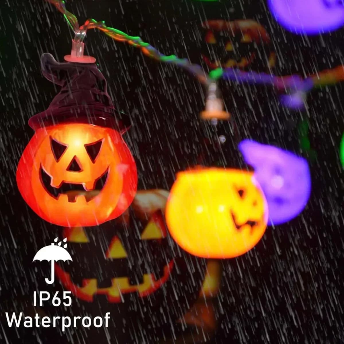 Luci a catena LED multicolore con zucca, cappello da strega e faccia fantasma