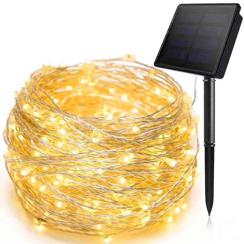 Catena di luci LED solari in filo di rame, 100 LED, 8 modalità per esterni