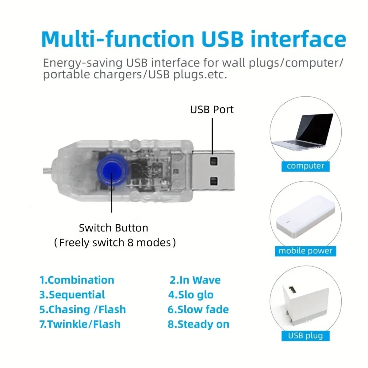 Luci a Cascata USB, Decorazione LED Bianco Caldo e Multicolore