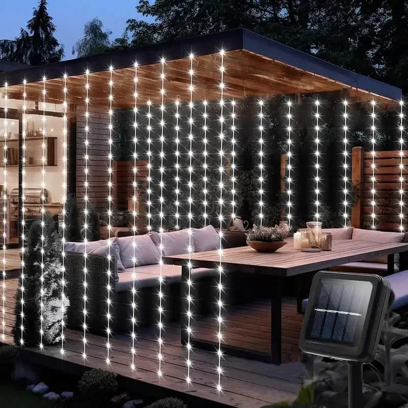 Luci a stringa LED a tenda in filo di rame solare, bianco caldo